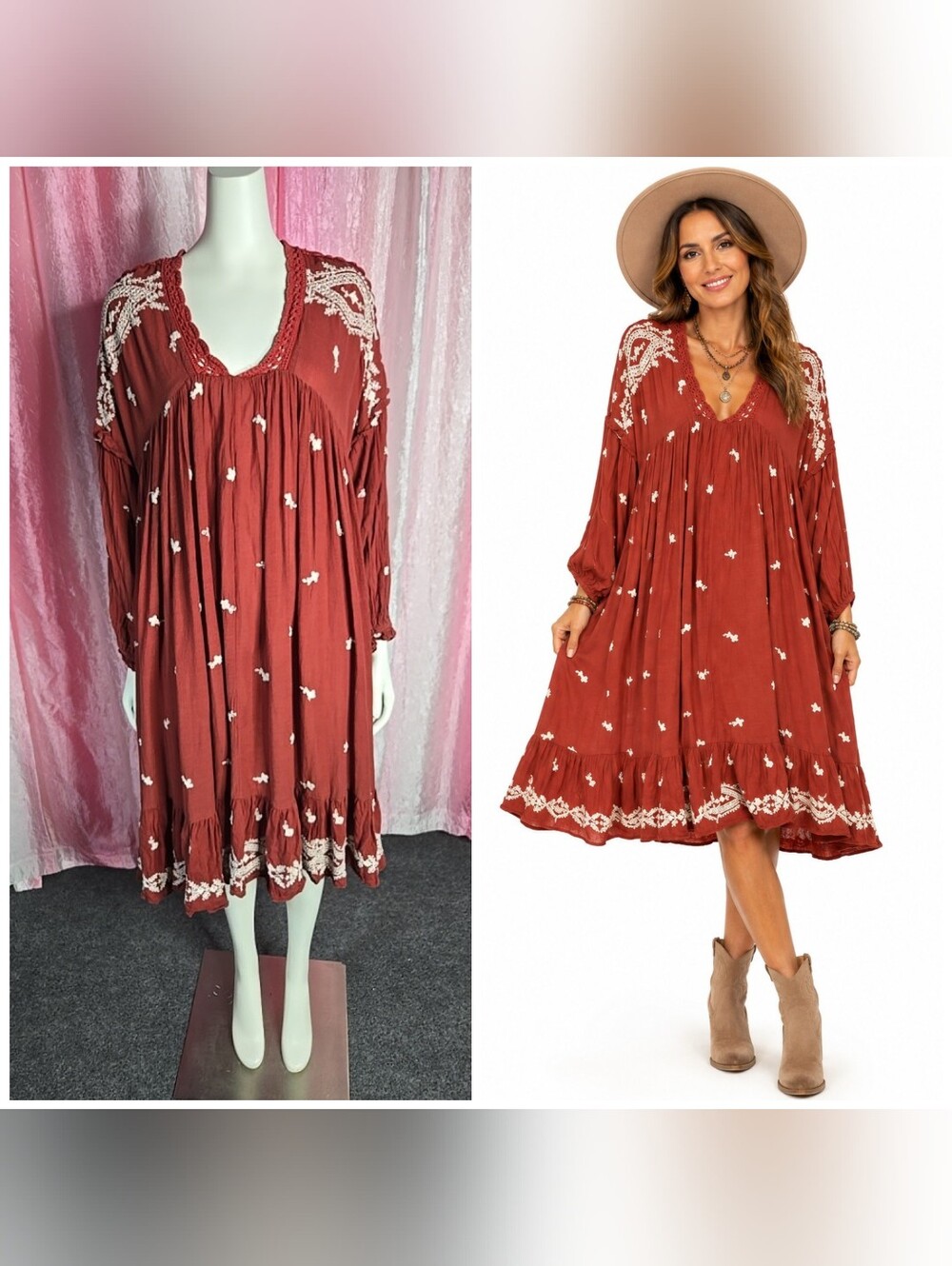 Free People Red Wine  Embroidered Crochet  Bohemian Dress With Slip Size Medium